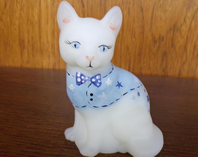 2501 Fenton Glass Sparkle Sky & Star Vintage 4" Hand-Painted Satin Cat/ Kitten w/ Fenton Sticker Signed K. Pielenpaugh- Great Condition