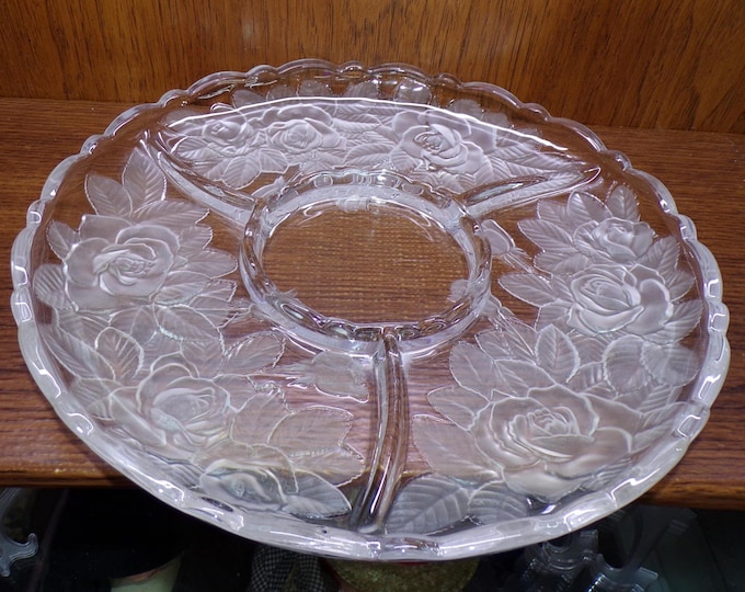 2505 Mikasa Savoir Vivre Winter Rose 13.75" Vintage Sectional Divided Platter w/ Frosted Roses- Light Scratch in Center Otherwise Great Cond