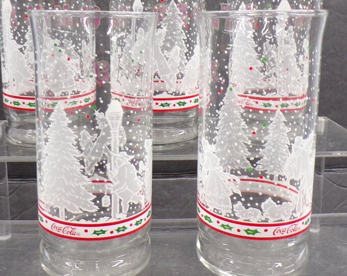 2212 Coca-Cola Coke Christmas Holiday Dickens Snow Scene 6" Vintage Libbey Tumblers Set of 5 - Good Condition No Chips or Cracks
