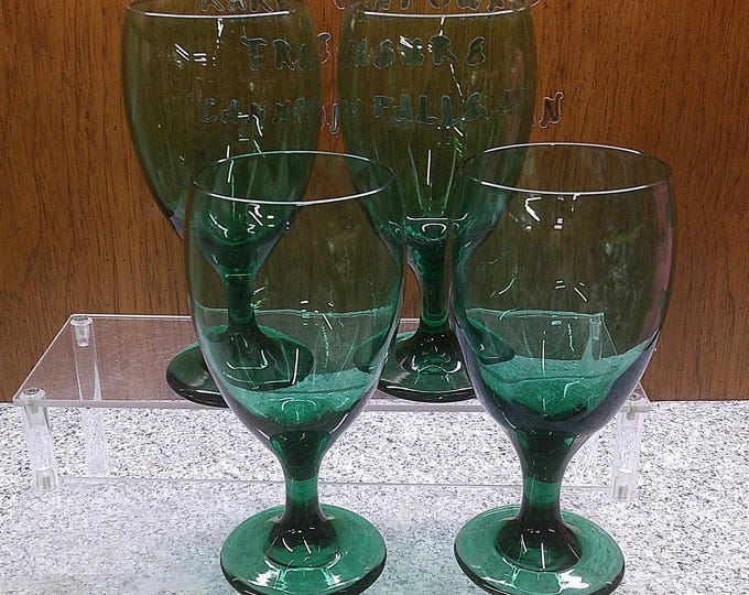 2409 Libbey Glass 7" Juniper Green Teardrop Set of 4 Stemmed / Footed Glasses - Great Condition No Chips or Cracks
