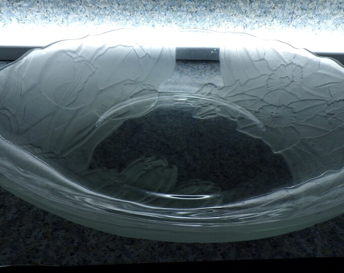 2206 Mikasa Walther Glass Vintage 12.5" Centerpiece Bowl with Frosted Satin Embossed Flowers - Made in Germany - No Chips or Cracks