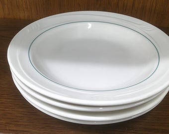 2410 Oneida 9609C Espree 8.5" Green Band Rimmed Bowls Set of 4 - Good Condition Some Wear