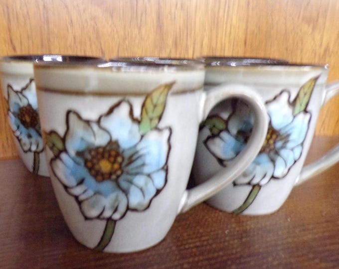 2506 Pfaltzgraff Everyday Harker 4" 12 oz Stoneware Pottery Coffee Mugs Set of 5 Blue & Red Flowers on Stone Made in USA - Great Condition