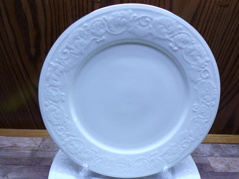 Pu&ograve; includere: Piatto in ceramica bianca con un motivo floreale e di vite in rilievo sul bordo. Il piatto ha un centro liscio e leggermente concavo. Il piatto &egrave; probabilmente per servire cibo. Il piatto &egrave; su un supporto di plastica trasparente.