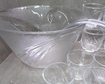2606 Anchor Hocking Jubilee Punch Bowl Set - 12" Bowl, Ladle & 8 Cups Textured Swirling Rolling Wave