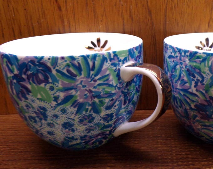 2506 Lion Around Hidden Cat Blue, Green, Purple Vintage 16 oz Coffee Mugs by Lilly Puhtzer Set of 2 - Great Condition