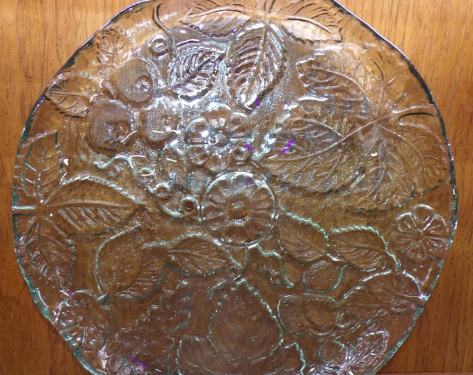 2504 Heavy Thick Spanish Green Tinted Vintage Glass 15" Platter w/ Flowers & Leaves - Great Condition