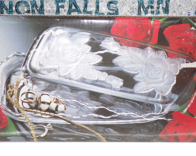 2207 Home Beautiful by Mikasa "Rose Pearls" Covered Jewelry Box with Lid Vintage Frosted Roses on Clear Glass W4401-504- Great Condition