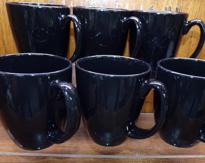 2506 Corelle Stoneware 12 oz 4" Tall Black Coffee Mugs / Cups Set of 6 - Good Condition