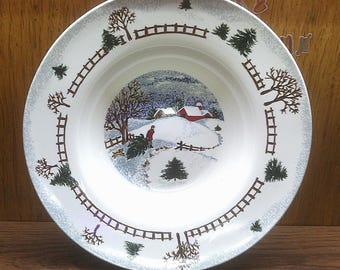 2412 Folk Craft Stoneware Winter Side 10" Rimmed Vegetable Serving Bowl - Christmas Tree Farm - Great Condition