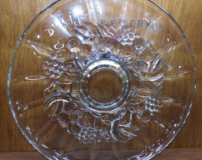 2503 Indiana Glass Vintage Footed 13.5" Clear Paneled Glass Platter Embossed Fruit Garland - Great Condition