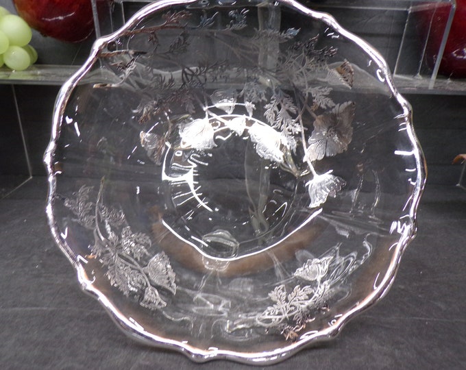 2311 Footed Glass 7" Open Candy Dish with Silver Overlay Poppies & Silver Rim Early 1900's Vintage  - Good Condition No Chips