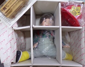 2303 Danbury Mint DAVID Fire Chief Porcelain Doll By Elke Hutchens Vintage 1991 - With Fire Hat & Wooden Fire Truck