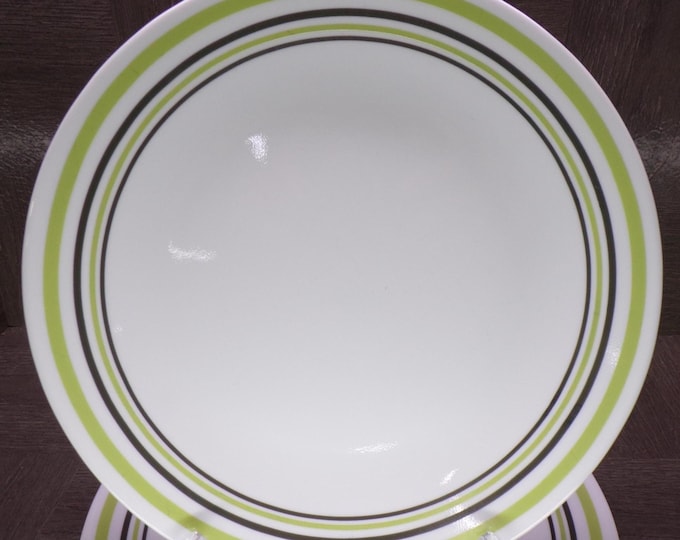 2602 Corelle Garden Sketch 10.25" Dinner Plates Green & Black Bands Set of 5 - Great Condition Light Scratches