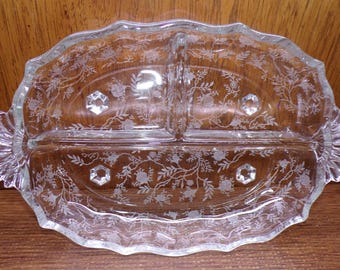 2507 Fostoria Baroque Chintz 10" X 7.5" Vintage Divided 3 Part Footed Relish Dish with Handles - Great Condition