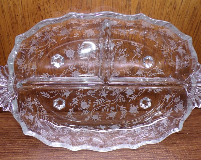 2507 Fostoria Baroque Chintz 10" X 7.5" Vintage Divided 3 Part Footed Relish Dish with Handles - Great Condition