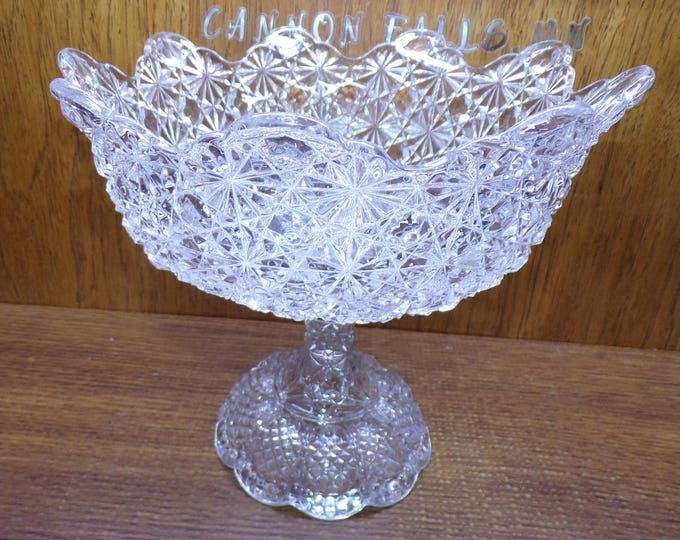 2505 Gillinder & Sons Vintage Early 1900's Daisy and Button Clear Glass Footed Compote Dish 8.5" Tall x 9.25" Wide - Great Condition