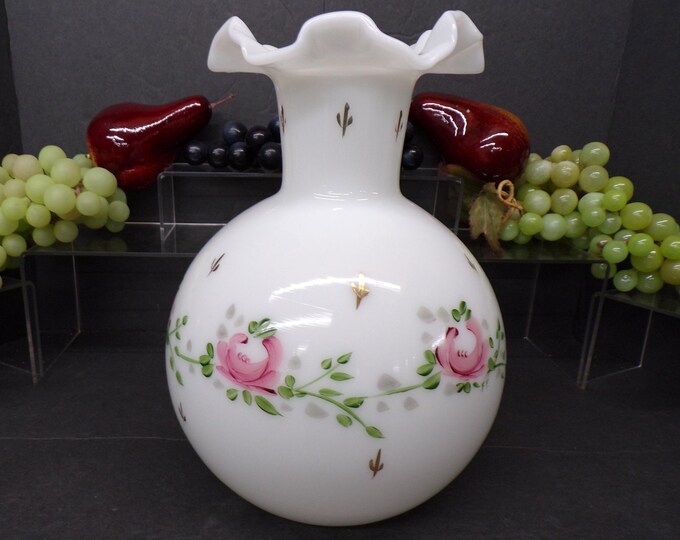 2305 Milk Glass Vase with Hand-Painted Pink Flowers Beautiful Vintage 10" - Good Condition No Chips or Cracks