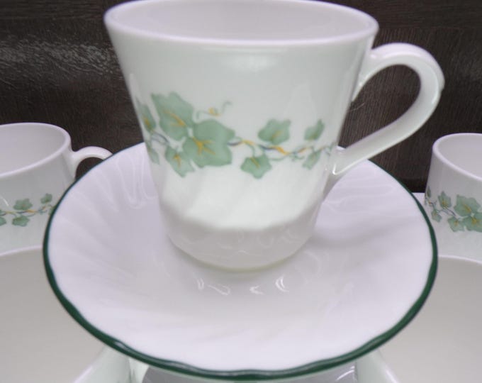 2602 Corelle Coordinates Callaway Green Ivy Swirl with Green Rim 12 pc Set (6) Cups & (6) Saucers - Excellent Condition