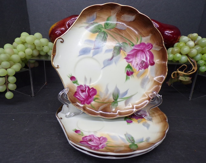 2306 Lefton Shell Shaped Snack Tray w/ Hand Painted Roses & Gold Trim 8" Vintage Set of 3 - No Chips or Cracks