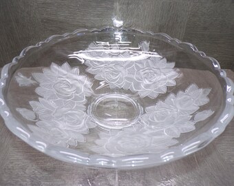 2603 Mikasa Winter Rose 12" Vintage Clear Glass Centerpiece Serving Bowl with Embossed Frosted Satin Roses - Great Condition