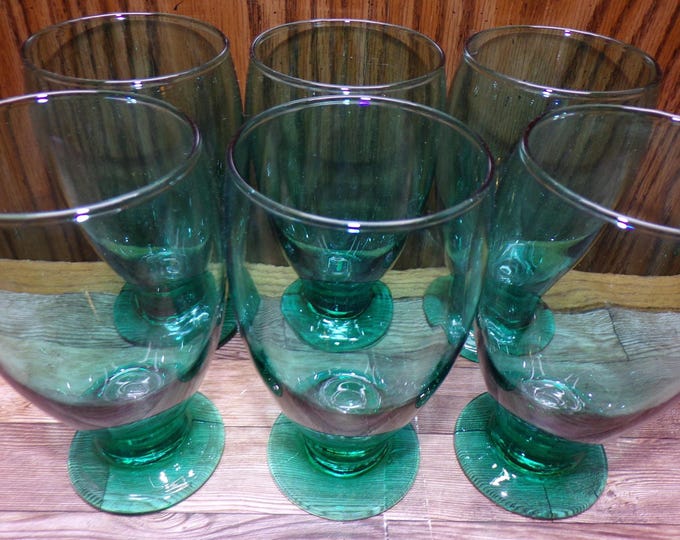2511 Libbey Glass Juniper Green Vintage 5.5" 12 oz Footed Tumblers Set of 6 - Great Condition Very Little Signs of Wear