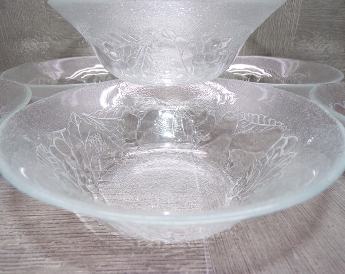 2602 Arcoroc Gourmande Clear Vintage Tempered Glass 6" Bowls Set of 6 Fruit Pattern Made in France - Great Condition