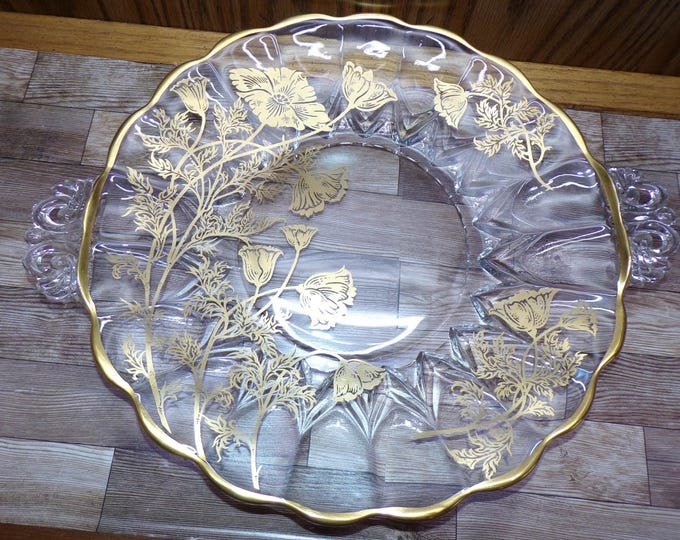 2508 Silver City 11.5" Double Handle Platter Gold Overlay Floral Poppies Gold Rim - Good Condition