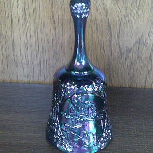 2502 Vintage Fenton Iridescent Amethyst Carnival Glass American Craftsmen Glass Worker 7&quot; Bell - Excellent Condition