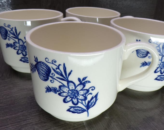 2602 Scio Pottery Old Town Blue Onion Vintage 1950's Ohio, USA 8 oz Cups Set of 4 - 1 has a Cracked Handle Otherwise Great Condition
