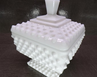 2602 Vintage White Milk Glass Hobnail 5" Tall Footed Square Compote Candy Dish - Great Condition