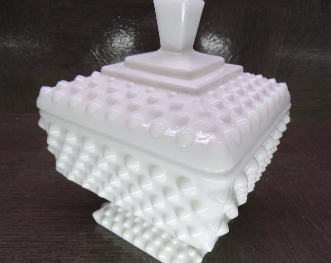 2602 Vintage White Milk Glass Hobnail 5" Tall Footed Square Compote Candy Dish - Great Condition