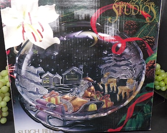 2307 Crystal Glass Studios 14" Hand Painted Serving Tray Platter Vintage 1989 - Sleigh Bells #312148
