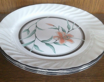 2412 Corelle Tiger Lily Swirl 10.25" Dinner Plates w/ Black Rim Set of 4 - Great Condition