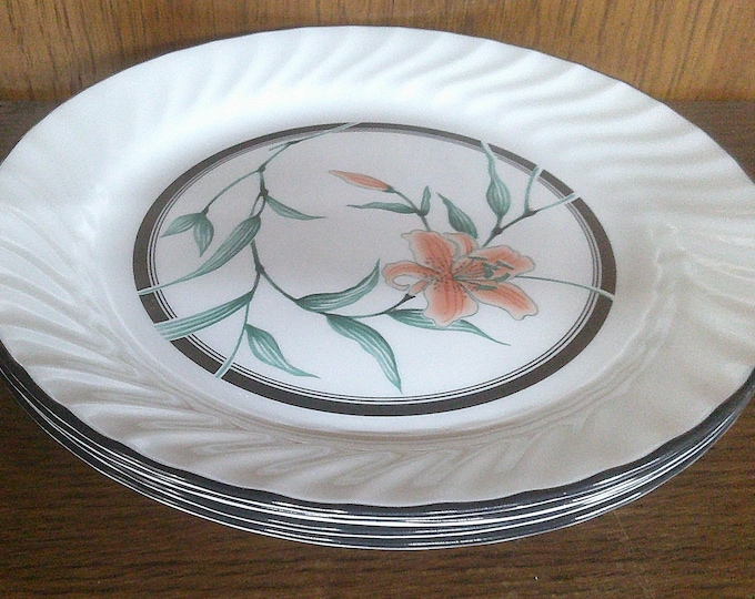 2412 Corelle Tiger Lily Swirl 10.25" Dinner Plates w/ Black Rim Set of 4 - Great Condition