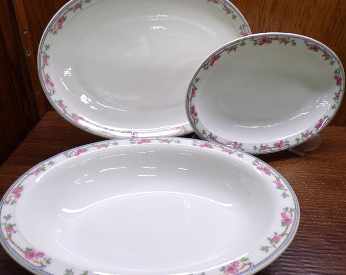 2506 Haviland Limoges Fine China w/ Pink Roses 3 pc Set Made in France - 10" Oval Bowl, 11.5" Oval Platter & 9" Oval Plate - Great Condition