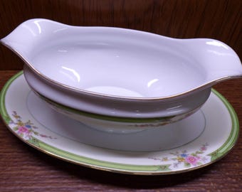 2504 Noritake Pendarvis Gravy Boat w/ attached Underplate Green Bands & Rim, Pink and Yellow Flowers - Great Condition