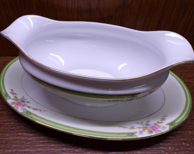 2504 Noritake Pendarvis Gravy Boat w/ attached Underplate Green Bands & Rim, Pink and Yellow Flowers - Great Condition