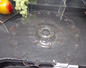 2309 Teardrop Pattern 13.5" Footed Clear Glass Vintage Platter w/ Scalloped Edge