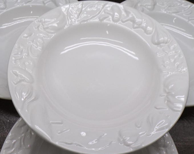 2602 Fapor FOP6 10" Vintage Pasta Bowls Set of 4 White Stoneware with Embossed Vegetables Made in Portugal - Great Condition