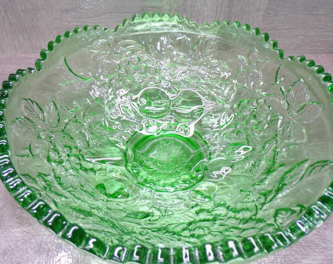 2602 Beautiful Green Glass 10" Vintage Embossed Fruit & Leaves 5" Tall Footed Bowl Sawtooth Rim - Excellent Condition