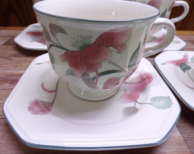 2509 Mikasa F3003 Continental Silk Flowers 8 pc Set - 4 Cups & 4 Saucers Beautiful Pink Teal Floral Microwave Dishwasher Safe- Great Cond.