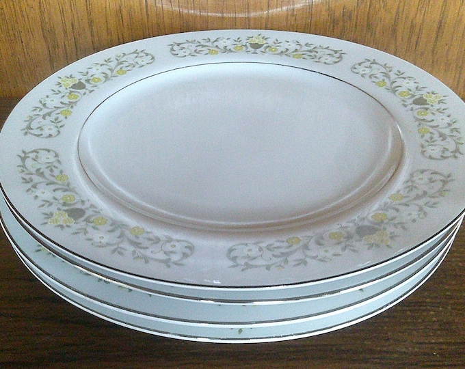 2503 Sterling Fine China Florentine 10.5" Dinner Plate Set of 4 Yellow Grey Floral w/ Silver Rim - Great Condition
