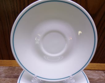 2509 Corelle 6.25" Saucers Set of 4 White w/ Turquoise Band - Great Condition