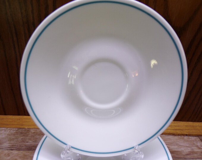 2509 Corelle 6.25" Saucers Set of 4 White w/ Turquoise Band - Great Condition