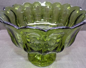 2603 Anchor Hocking Fairfield Avocado Green 7.5" Tall x 9" Wide Vintage Footed Compote Candy Dish - Great Condition