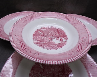 2606 Royal USA Currier & Ives Early Winter Pink Vintage Ironstone 8.5" Soup / Pasta Bowls Set of 4