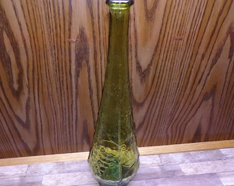 2508 Green Glass Decanter Bottle Vase 15.75" Vintage Fruit Bowl Pattern - No Stopper