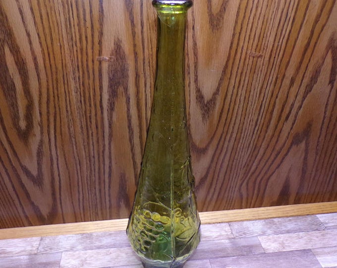 2508 Green Glass Decanter Bottle Vase 15.75" Tall Vintage Fruit Bowl Pattern - No Stopper - Great Condition