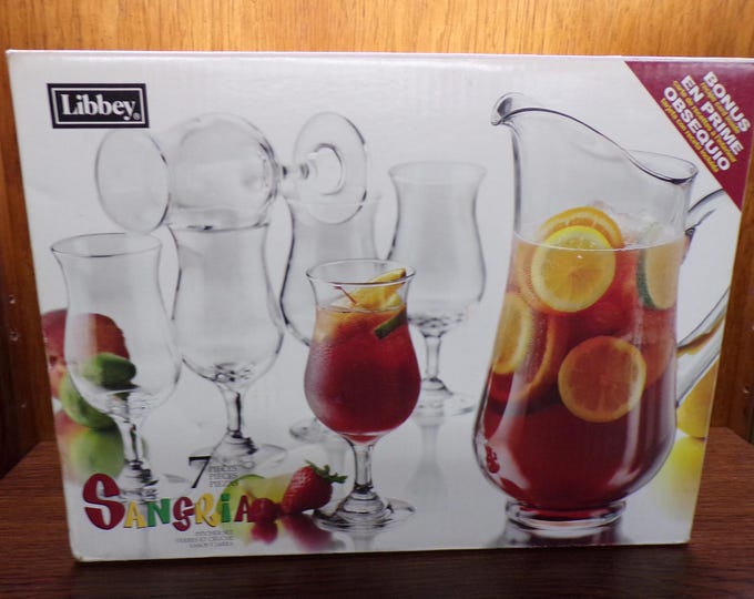 2503 Libbey Glass "Sangria" 7 pc Drink Set - 11" 76 oz Pitcher and (6) 7" 10.5 oz Footed Glasses - Clear Glass - New in Box - Made in USA